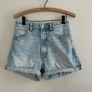 Zara TRF High Waisted Denim Mom Fit Shorts in Light Blue